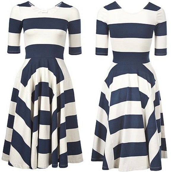 GORMAN Cotton Taylor Swift Navy Cream Parisian Stripe Fit and Flare Midi Dress - Picture 4 of 9